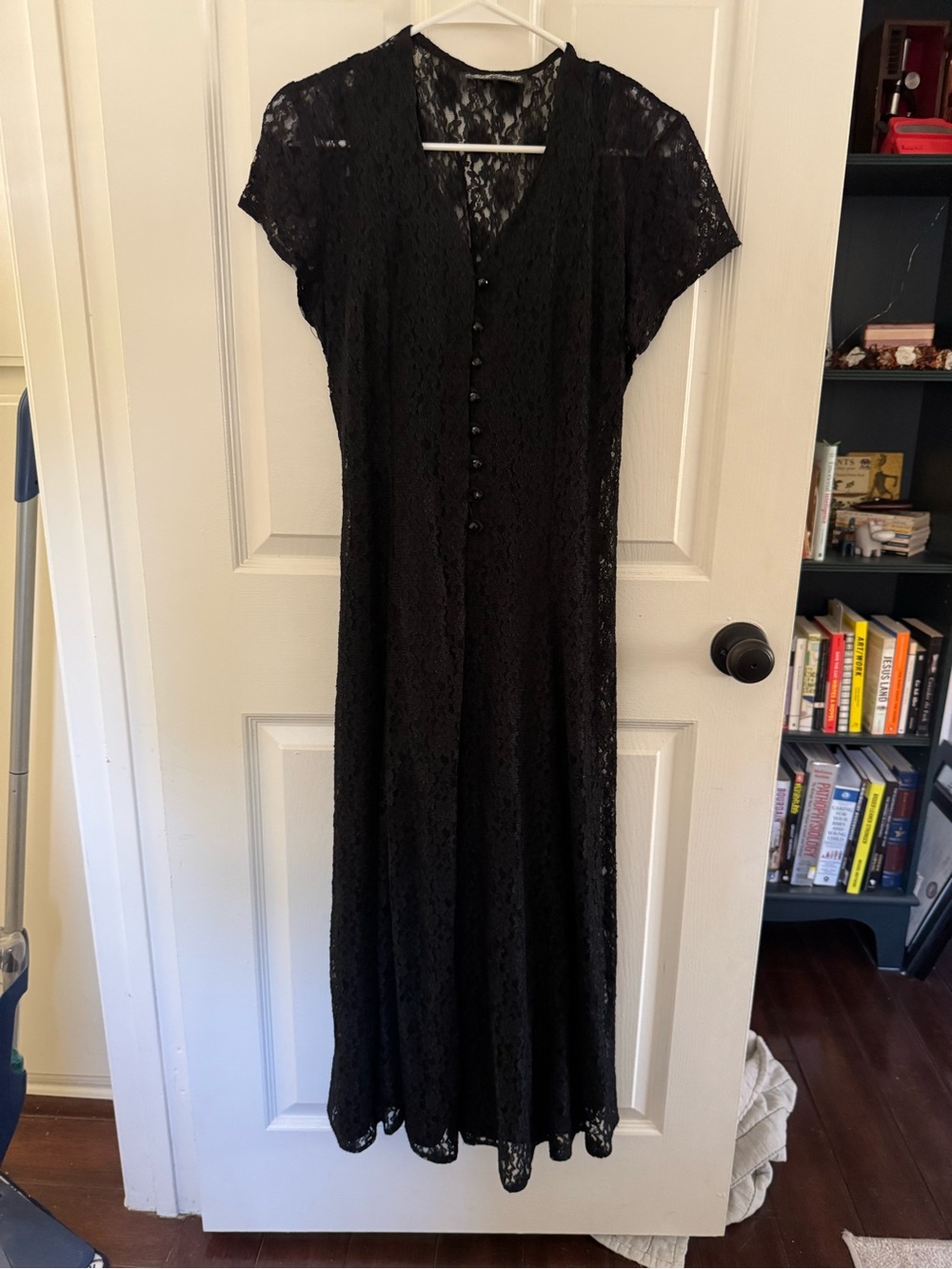 Black Lace Button-Front Midi Dress